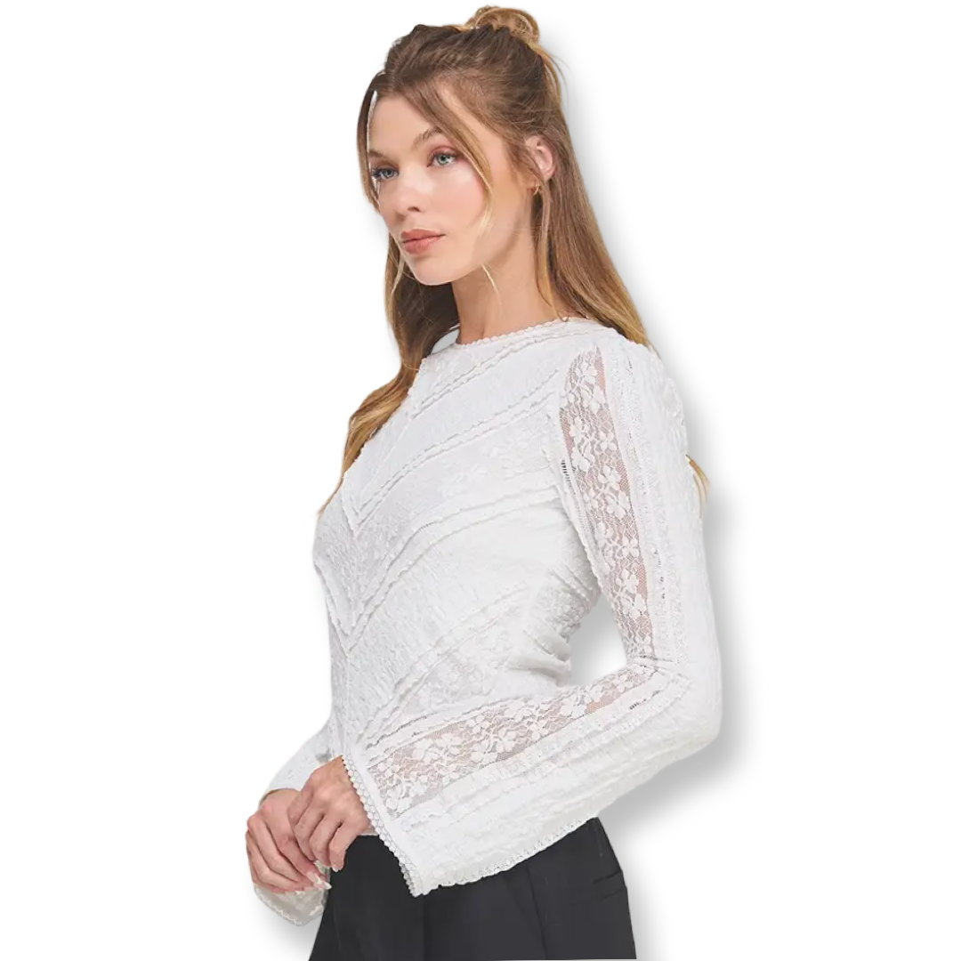 AR Mixed Lace Subtle Bell Sleeve White
