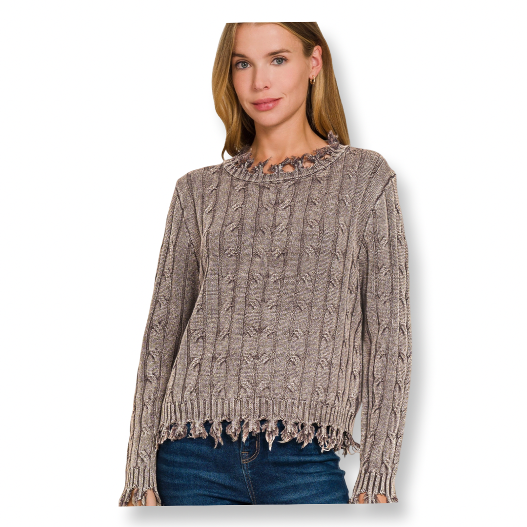 AA Washed Cable Knit Fringe Cotton Sweater Brown