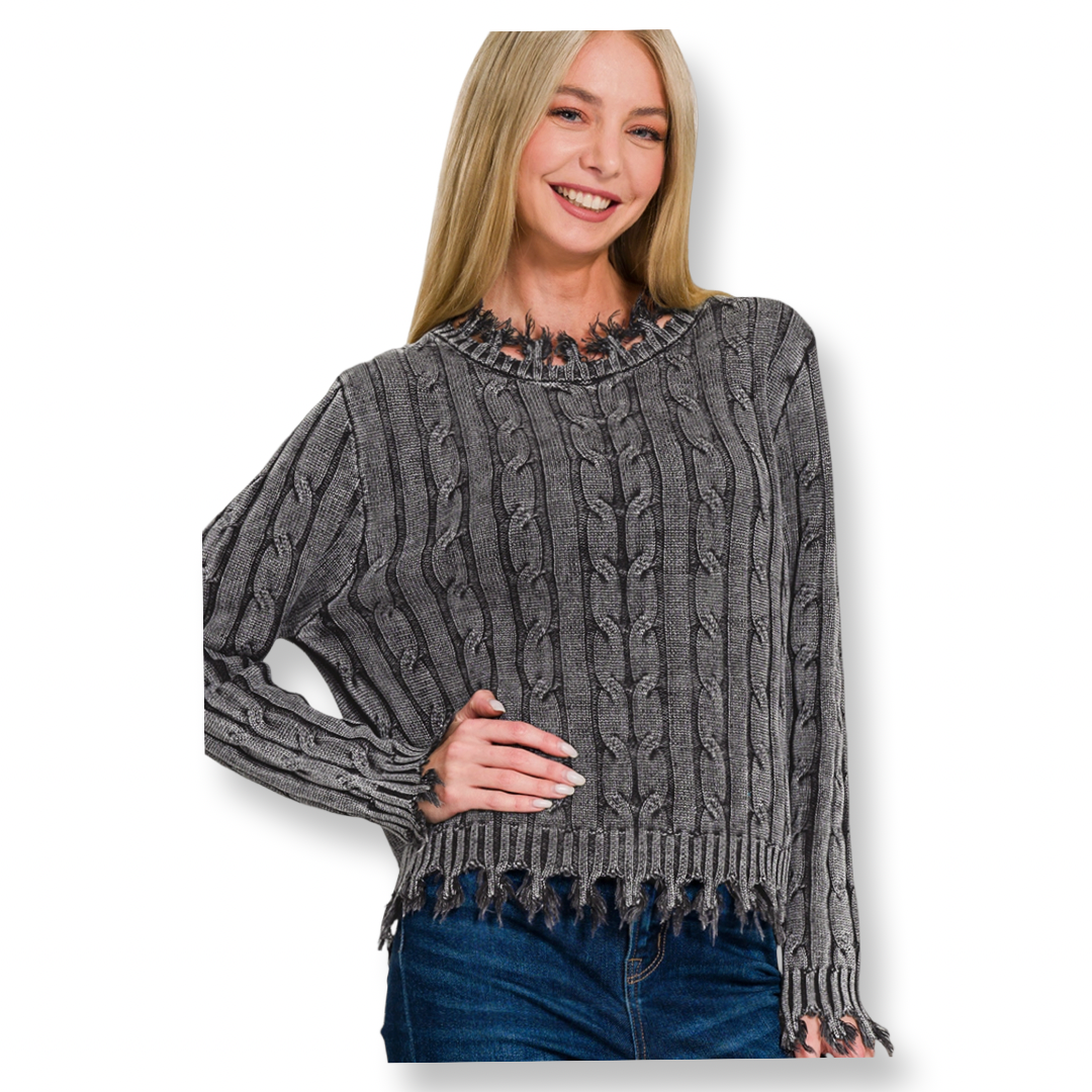 AA Washed Cable Knit Fringe Cotton Sweater Black