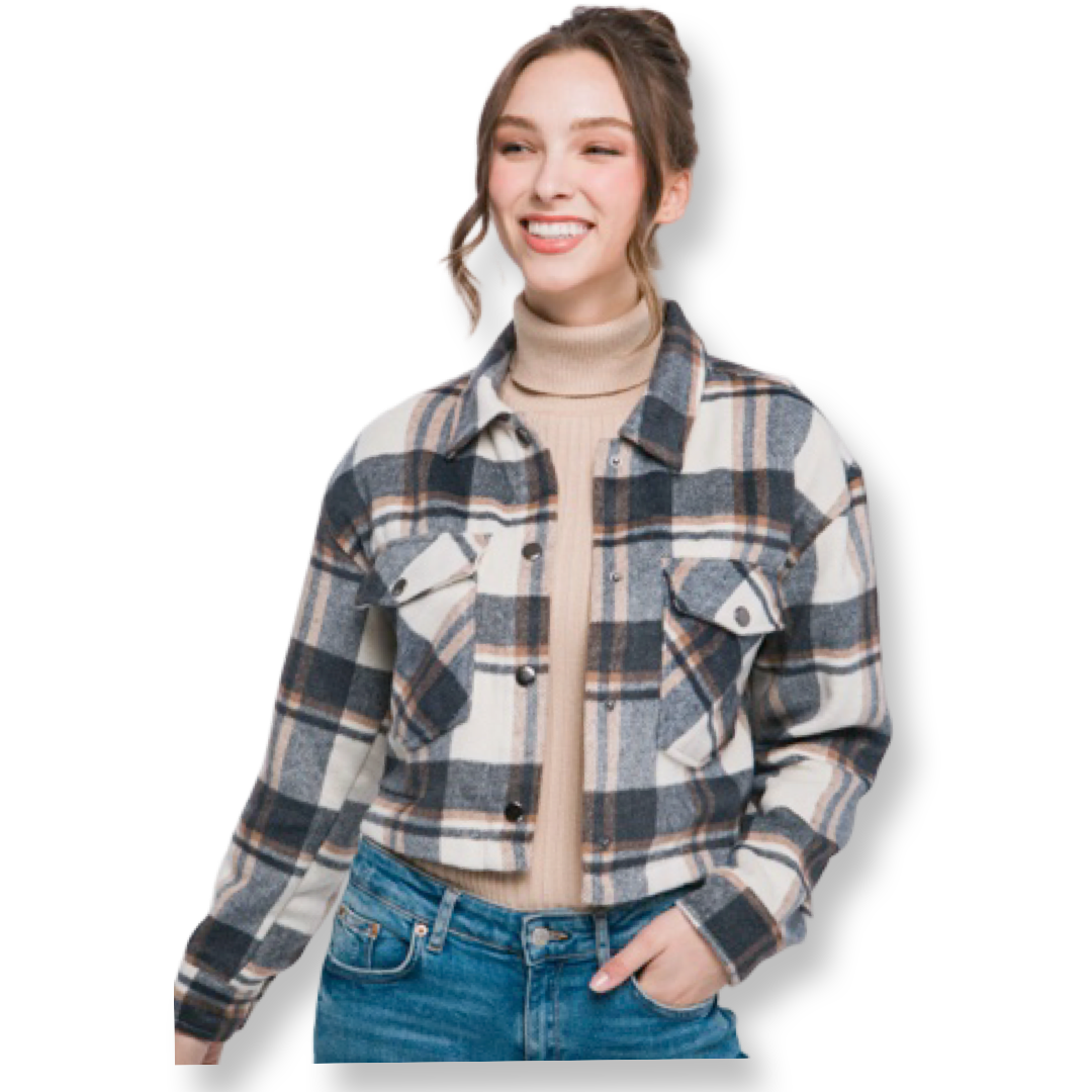 AA Plaid Cropped Button Down Jacket