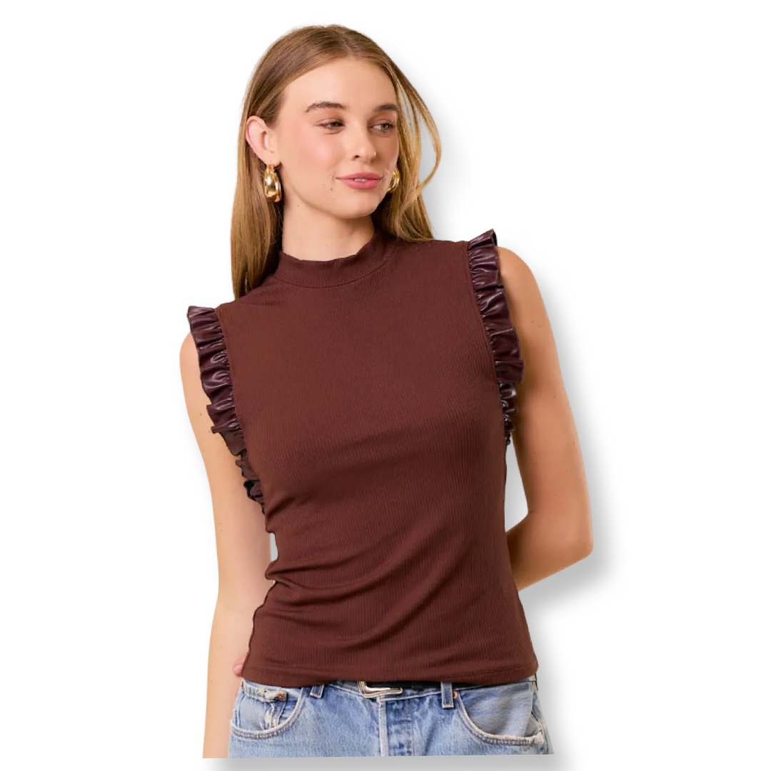 DR Mock Neck Ruffle Tank Top Chocolate