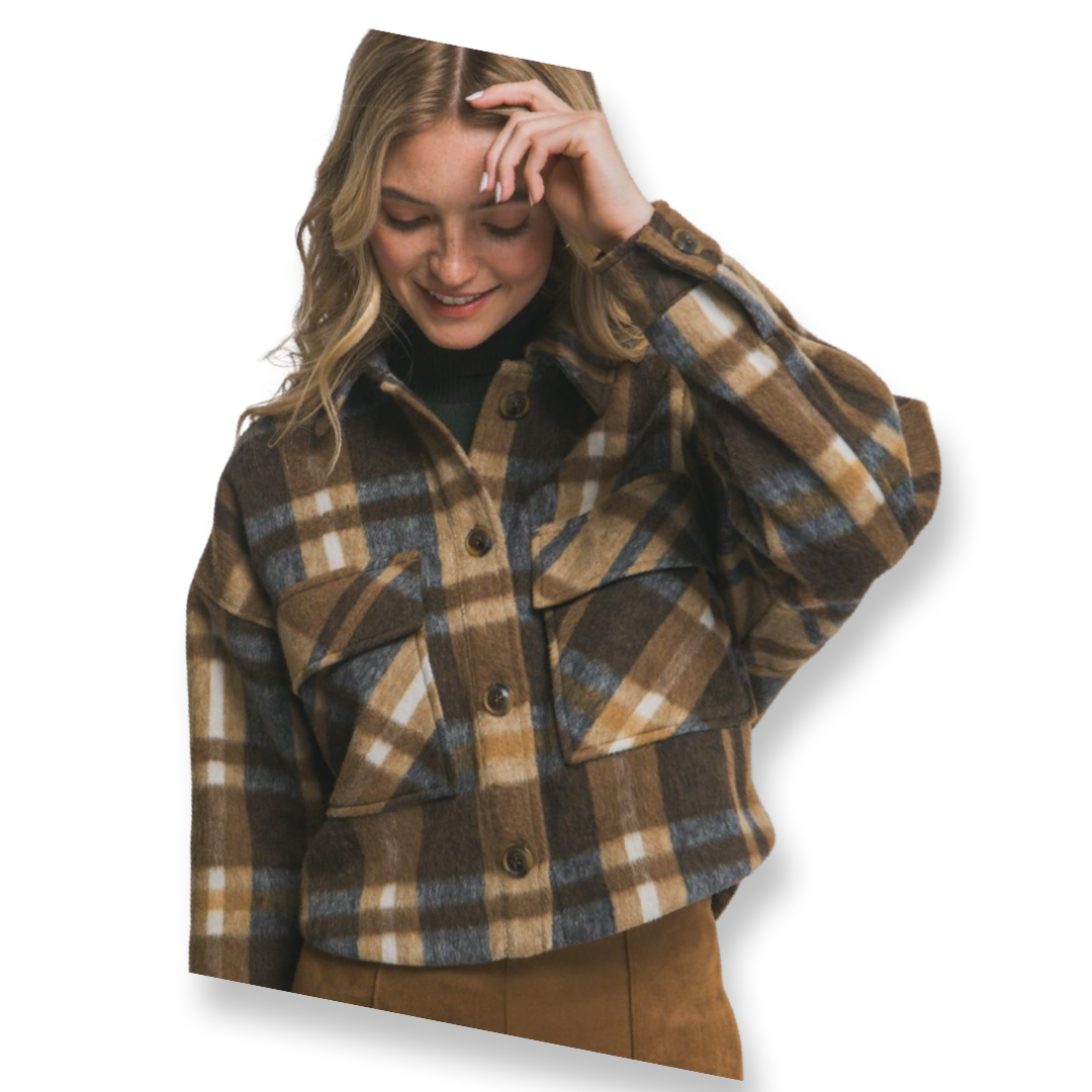 MV Button-Down Short Plaid Jacket Brown