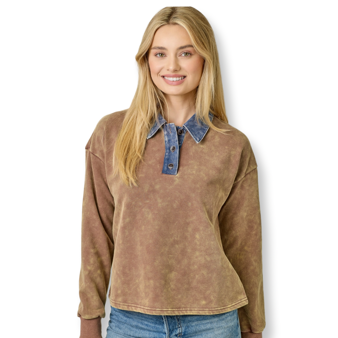 MYS Denim Collar Washed Polo Shirt Brown