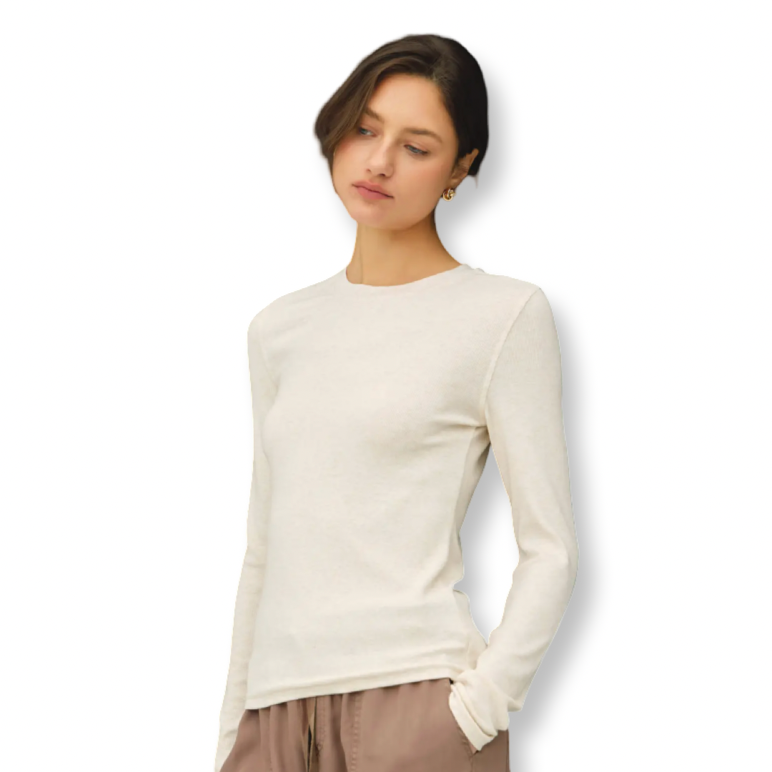 BC Ribbed Crew neck Long sleeve Basic Top Oatmeal
