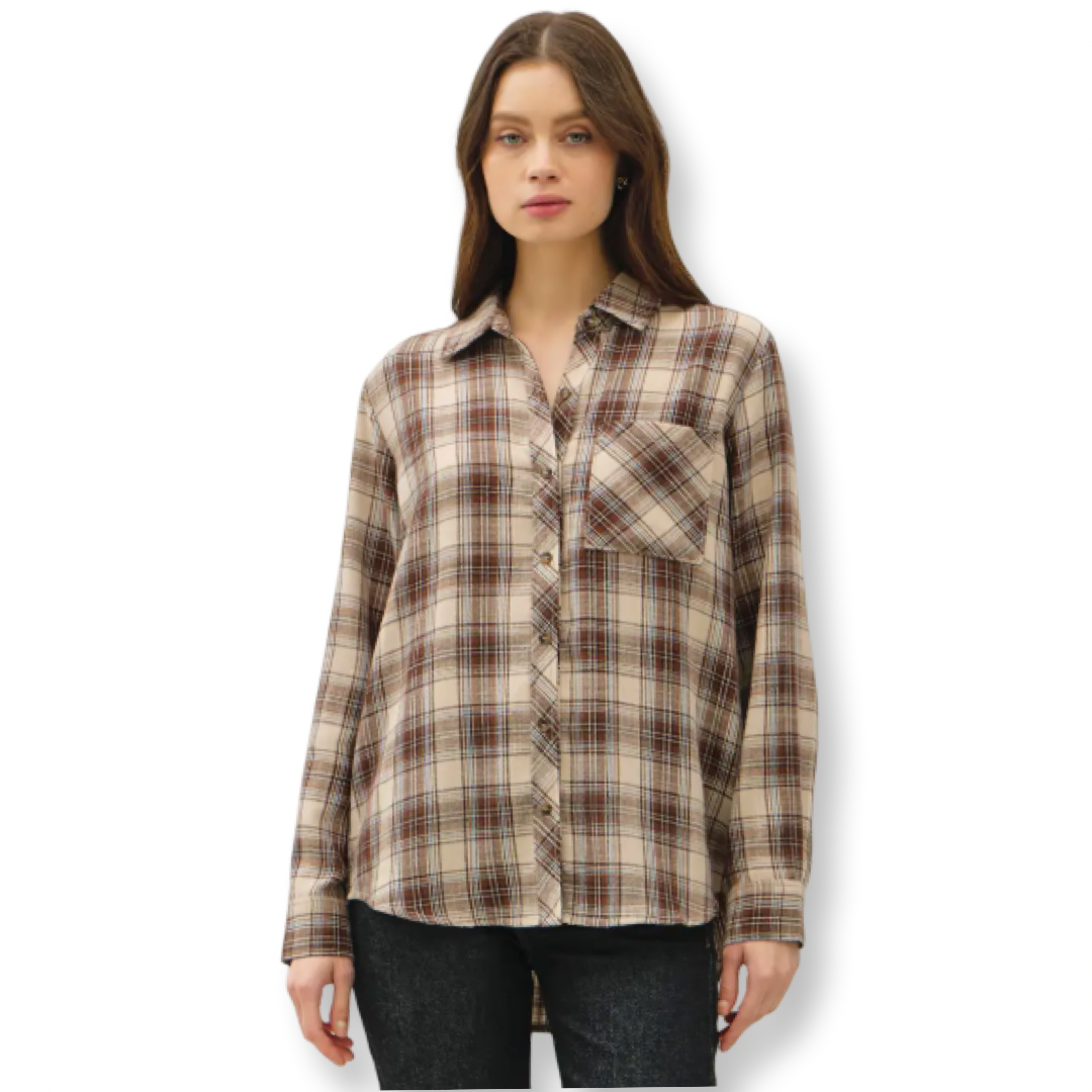BC Flannel Brown Plaid Long Sleeve Button Down