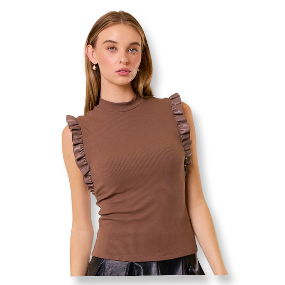 DV Mock Neck Ruffle Tank Top Mocha
