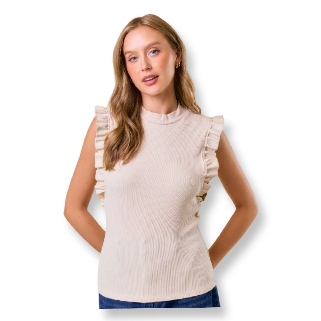 DR Mock Neck Ruffle Tank Top Beigr
