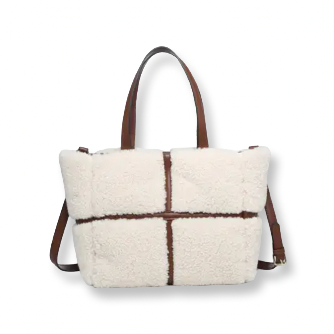 AJ Sherpa Contrast Tote w/ Dual Handles Brown