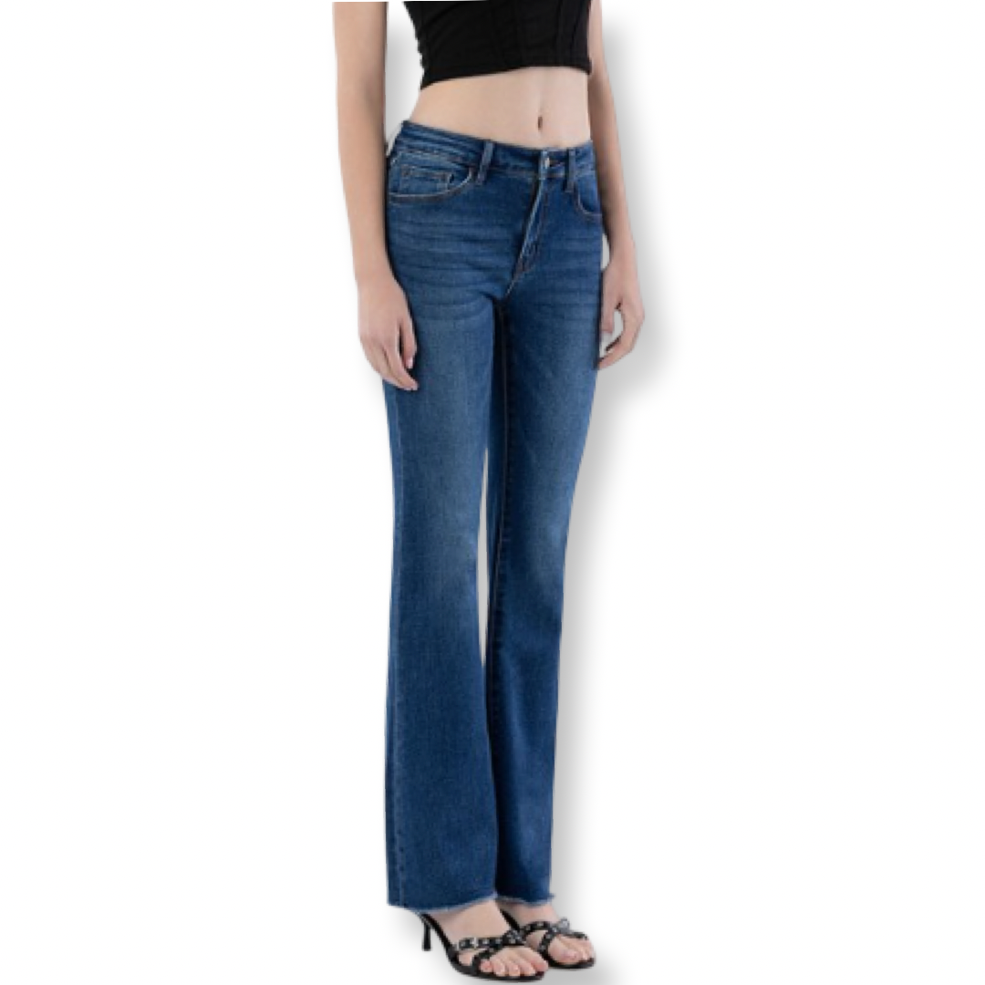 Loveret Mid Rise Raw Hem Dark Wash Bootcut Jeans
