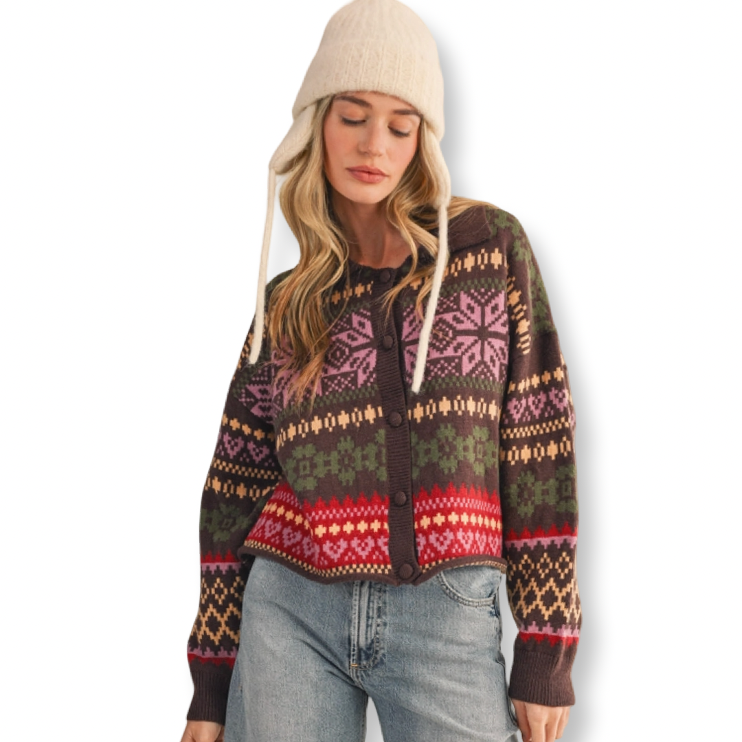 MER Fair Isle Heart Sweater Cardigan Brown