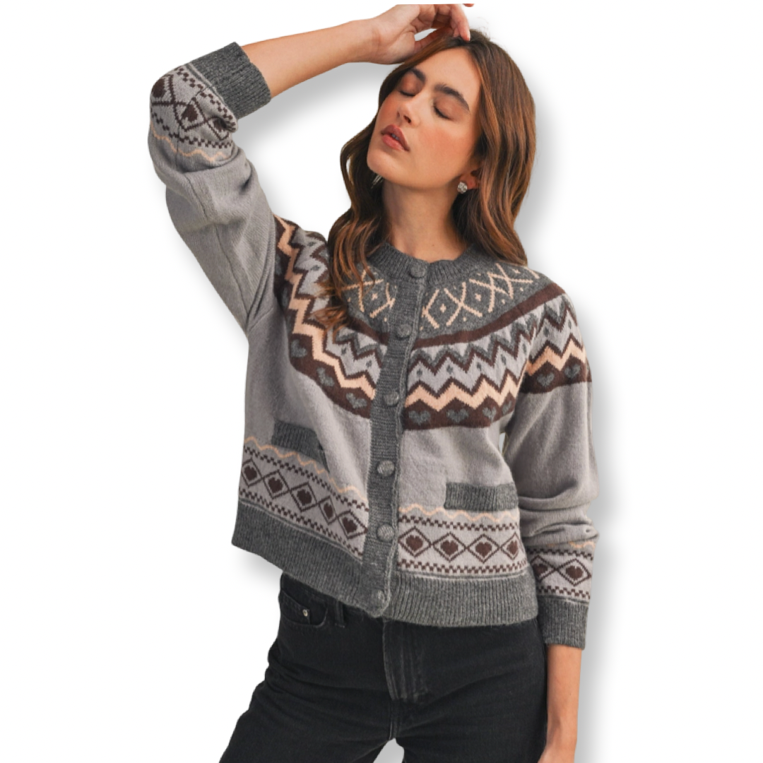 MER Fair Isle Heart Sweater Cardigan Grey