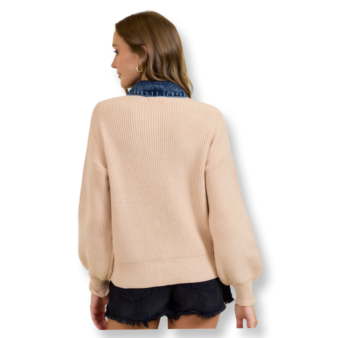 DR Denim Contrast Sweater Cardigan Beige