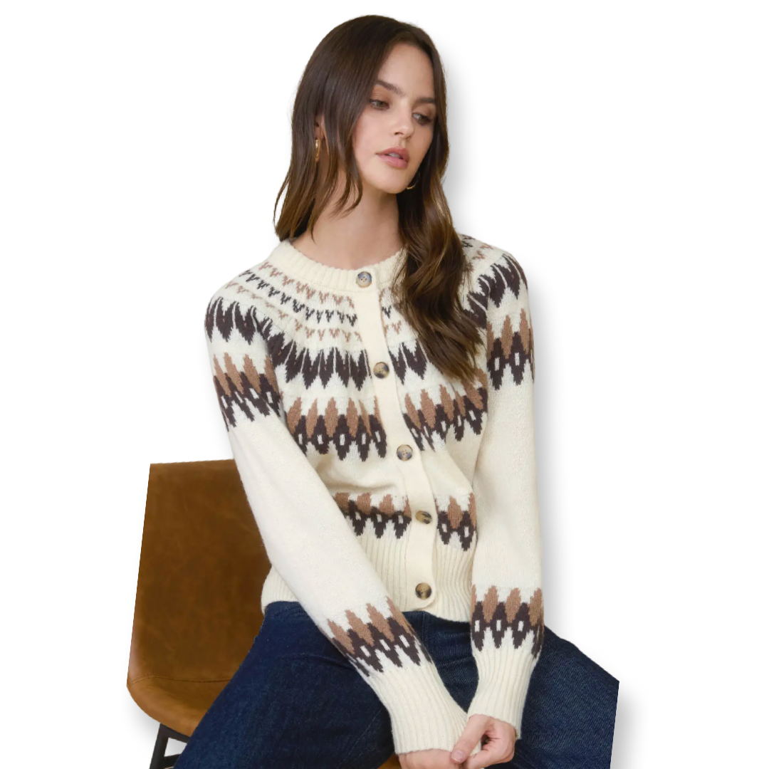 LT Fair Isle Button Down Knit Cardigan Ivory