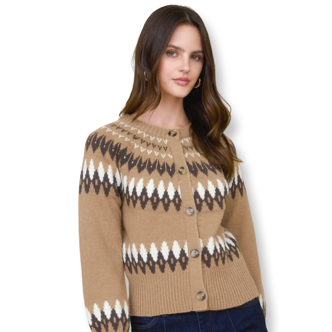 LT Fair Isle Button Down Knit Cardigan Camel