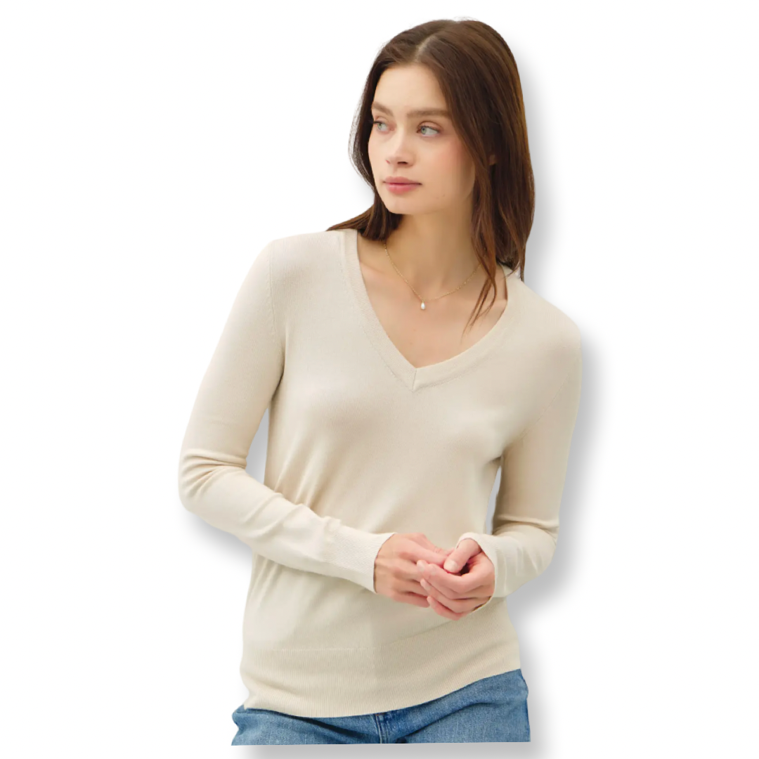 BC Classic V-Neck Solid Sweater Ivory