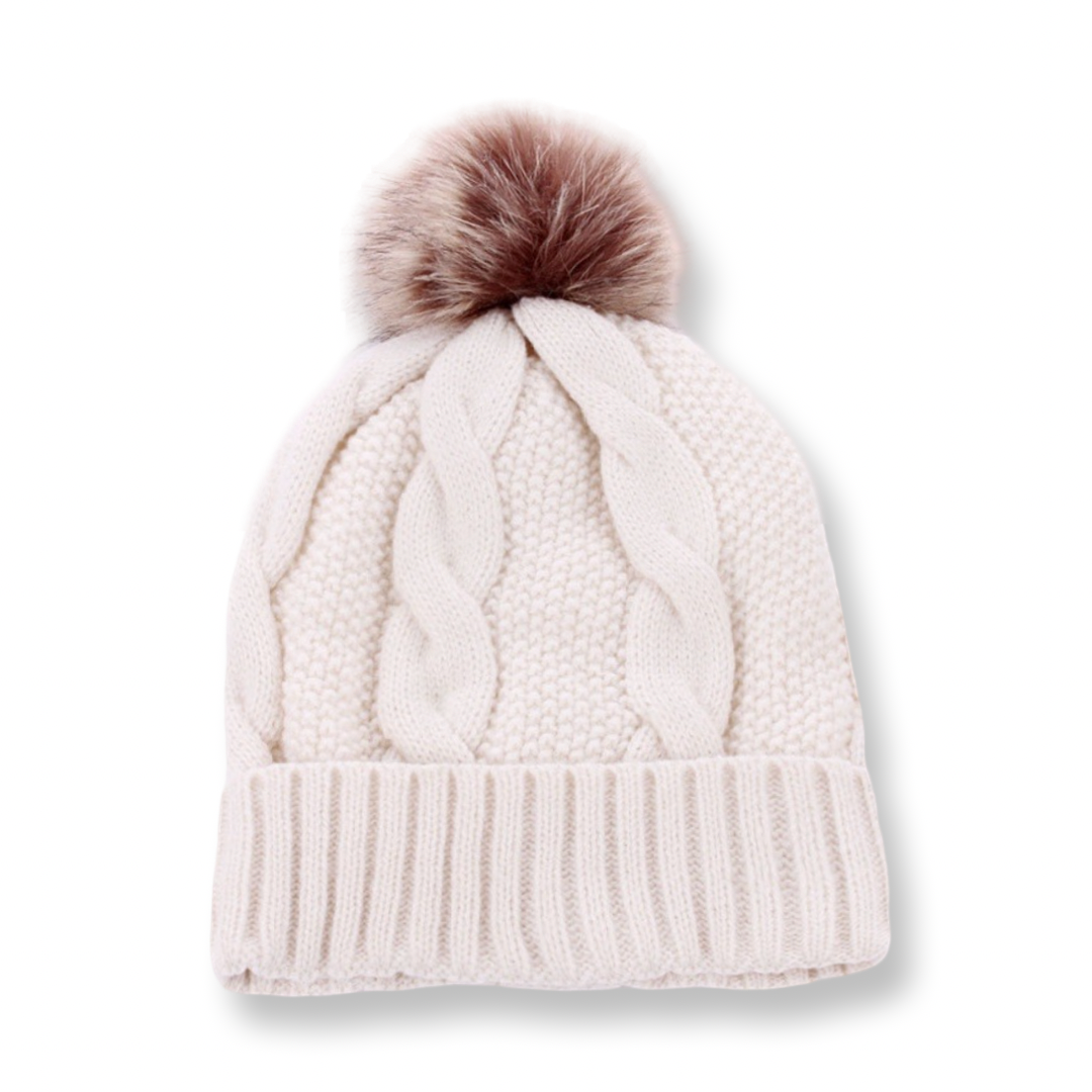 ZEN Cable Knit Pom Pom Lined Beanie Ivory