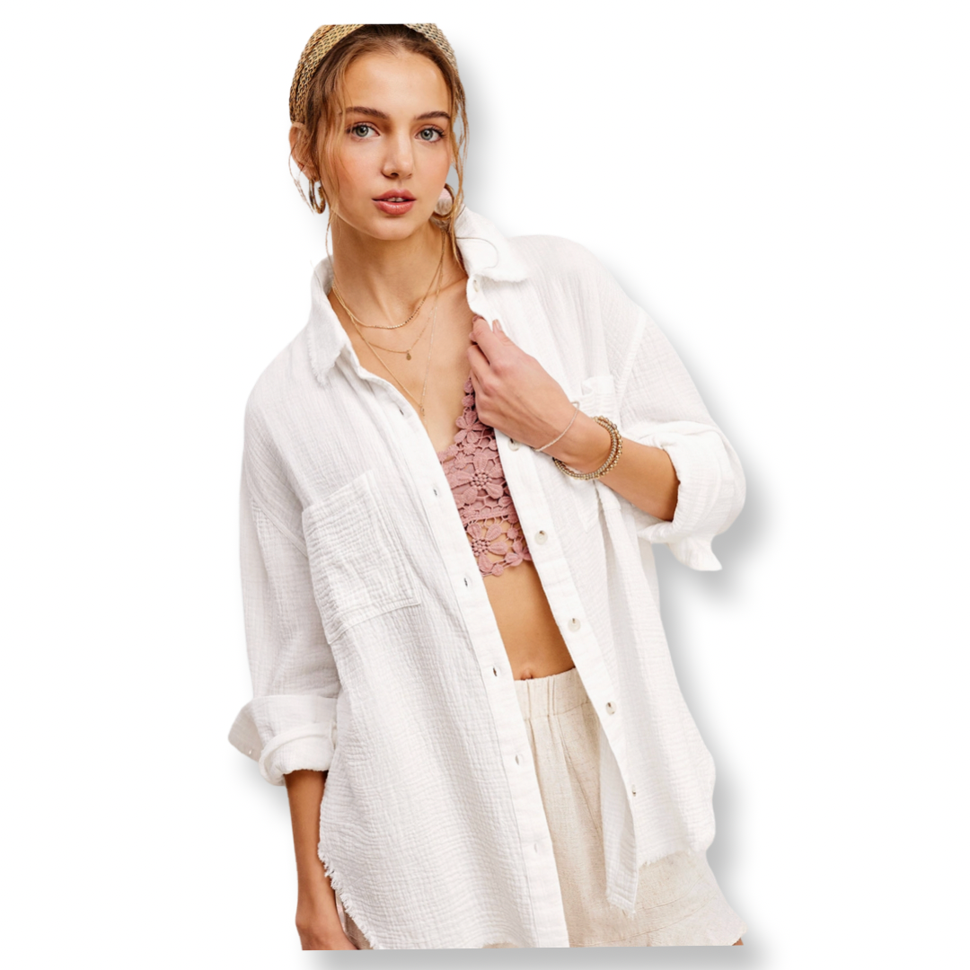 VM Washed Crinkled Gauze Button Down Shirt
