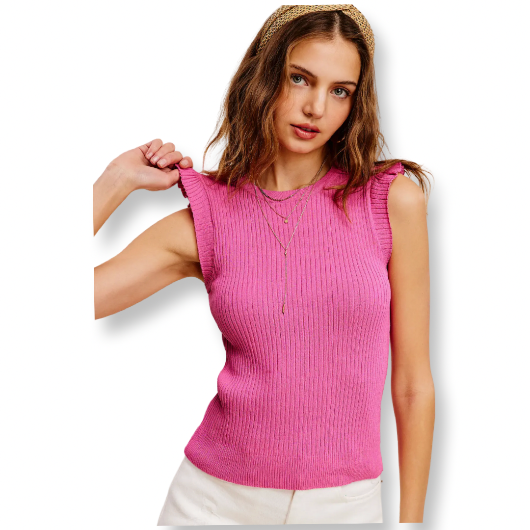 VM Stretchy Ribbed Ruffle Sleeveless Knit Top
