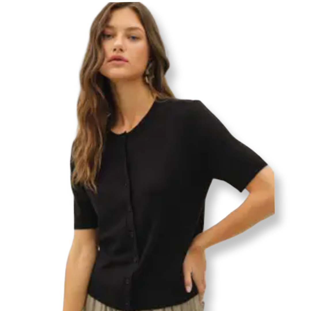 BC Basic Crew Neck Short Sleeve Cardigan Black