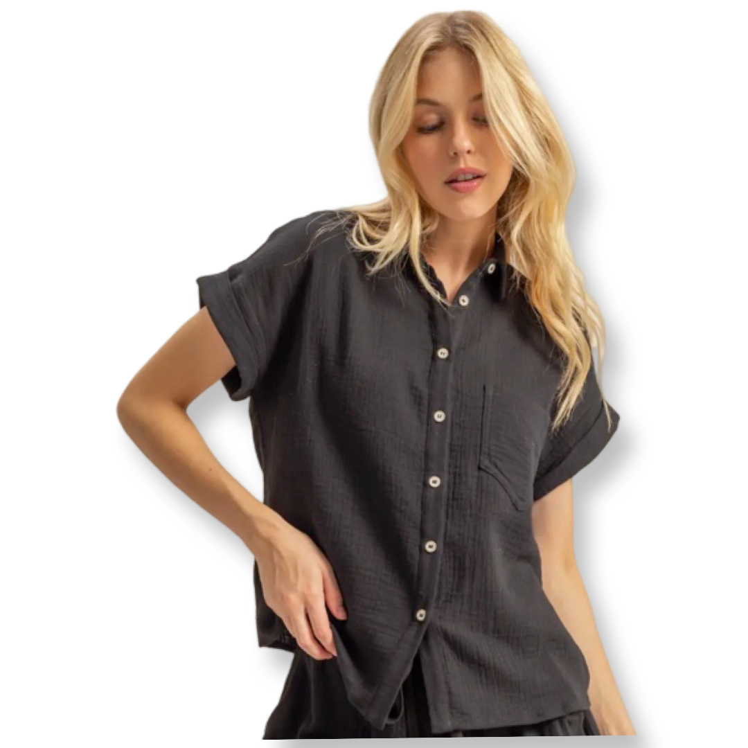 HF Double Gauze Button Down Shirt Black