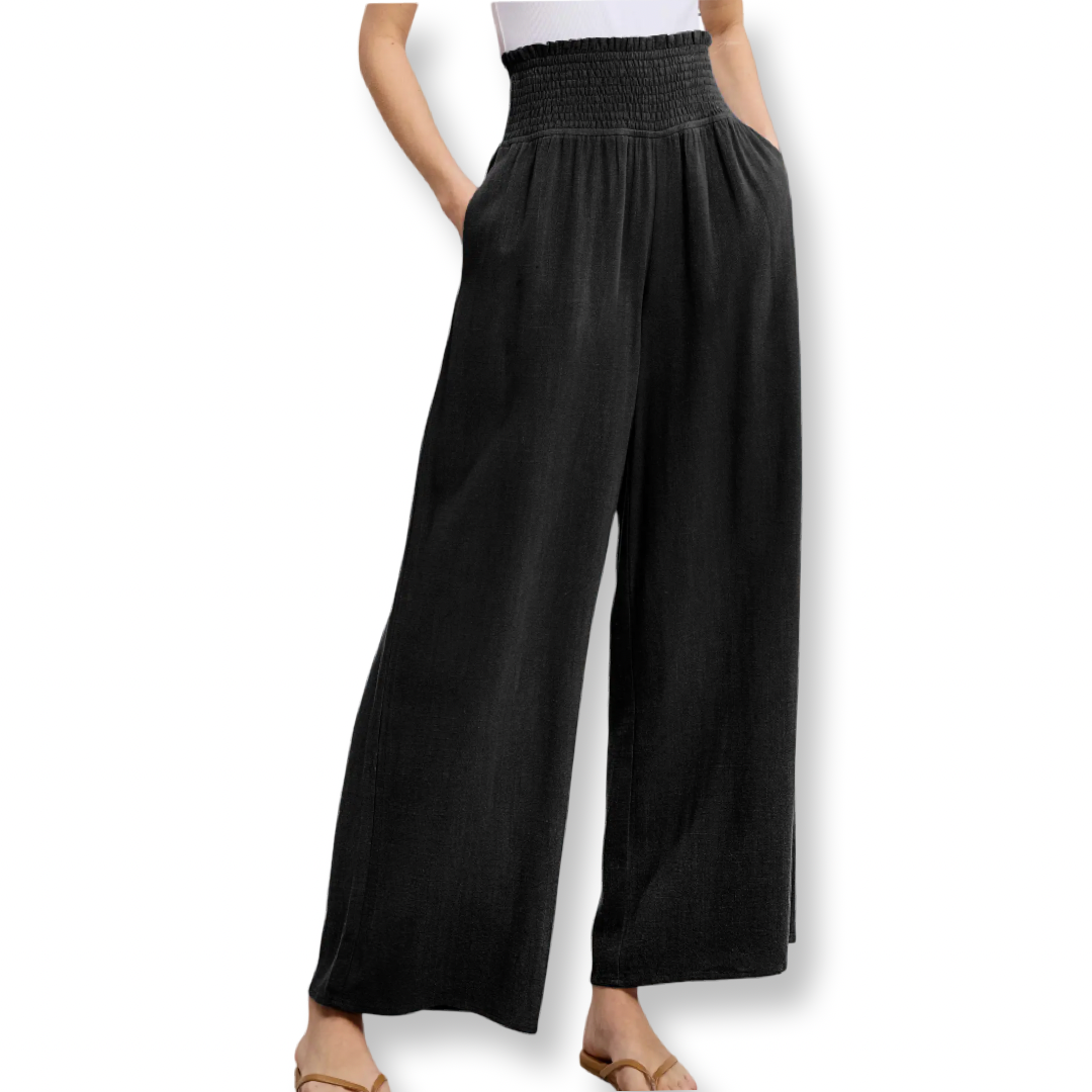 LA Smocked Waist High Waist Pants with Side Pockets