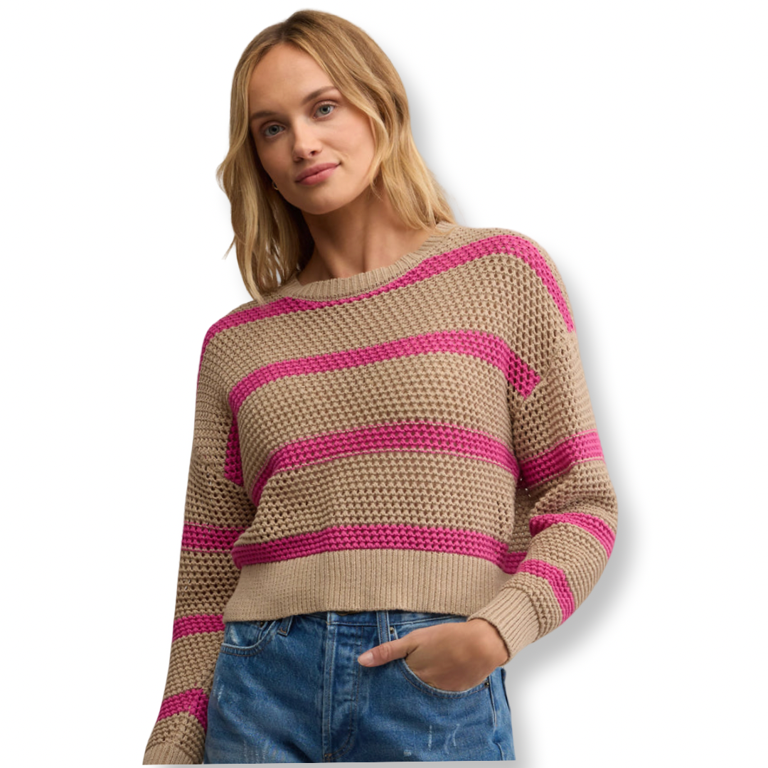 Z-Supply Tan And Pink Stripe Sweater