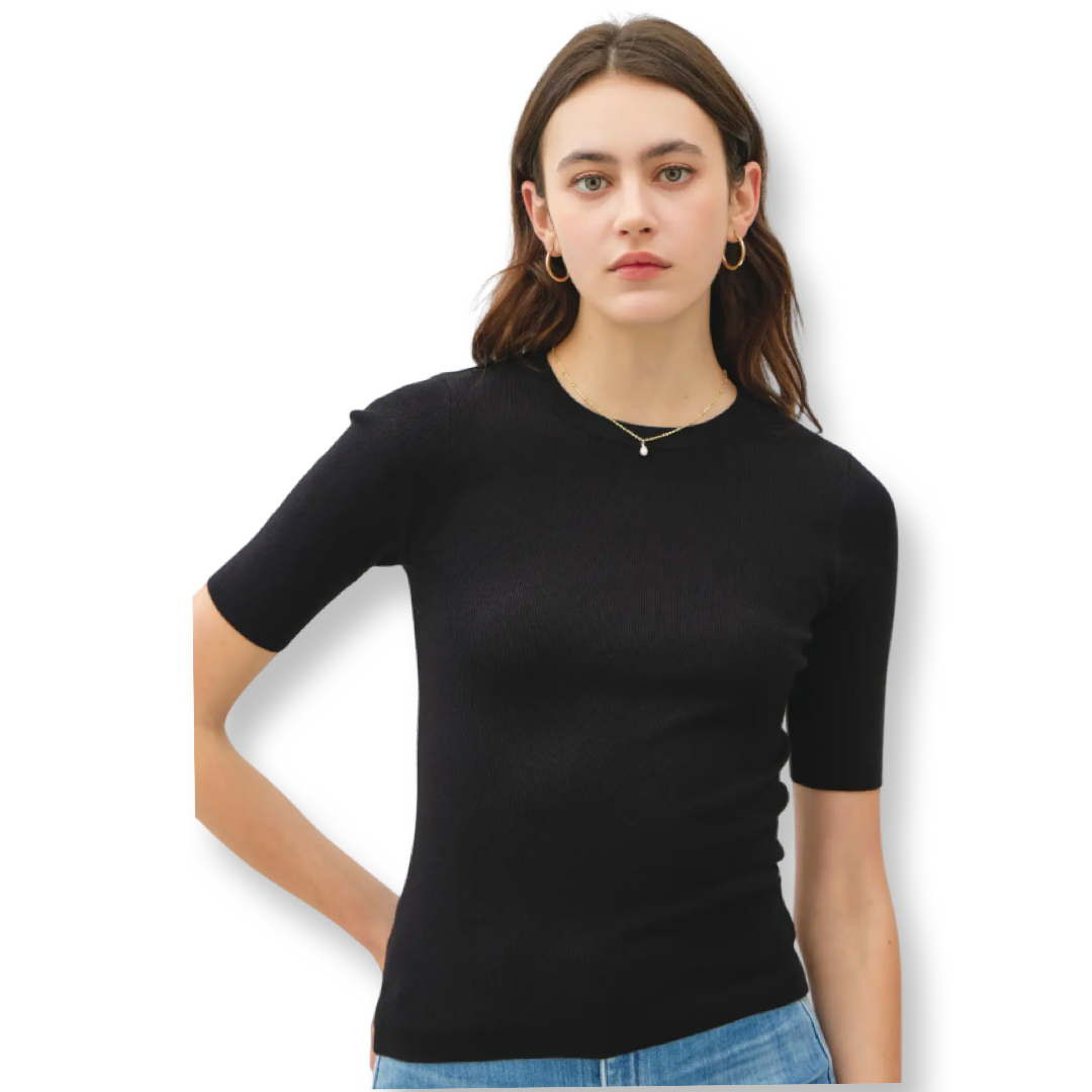 BC Classic Solid Half Sleeve Rib Knit Top Black