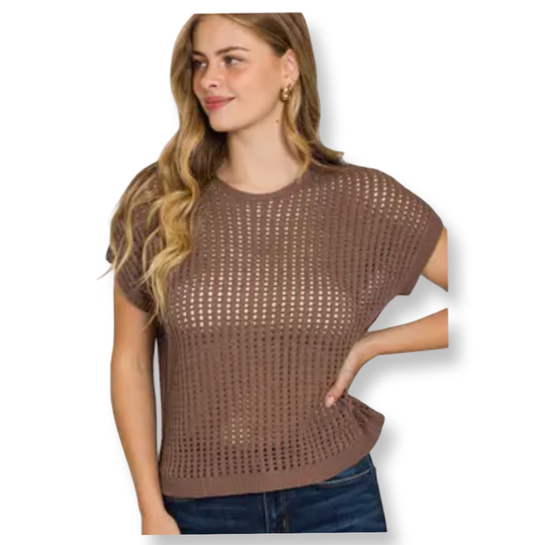 ZEN Crochet Knit Sheer Hollow Sweater Brown