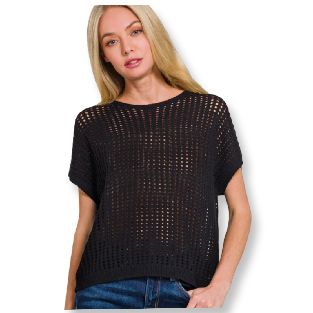 ZEN Crochet Knit Sheer Hollow Sweater Black