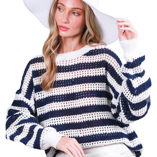 V&L Navy & White Crochet Sweater