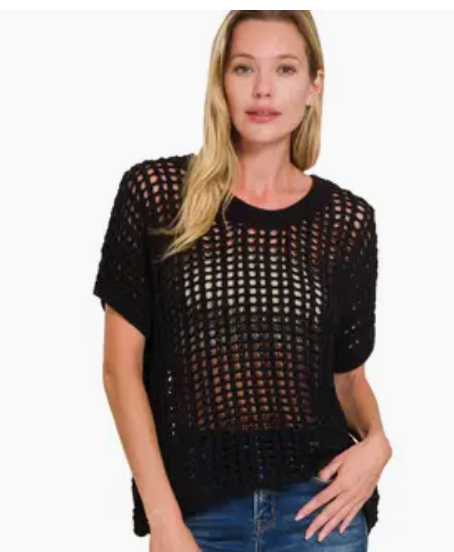 VM Fish Net Short Sleeve Crochet Sweater Black