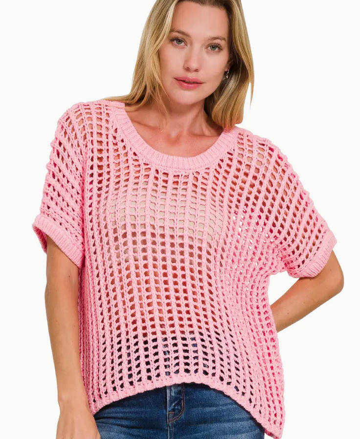 VM Fish Net Short Sleeve Crochet Sweater Pink