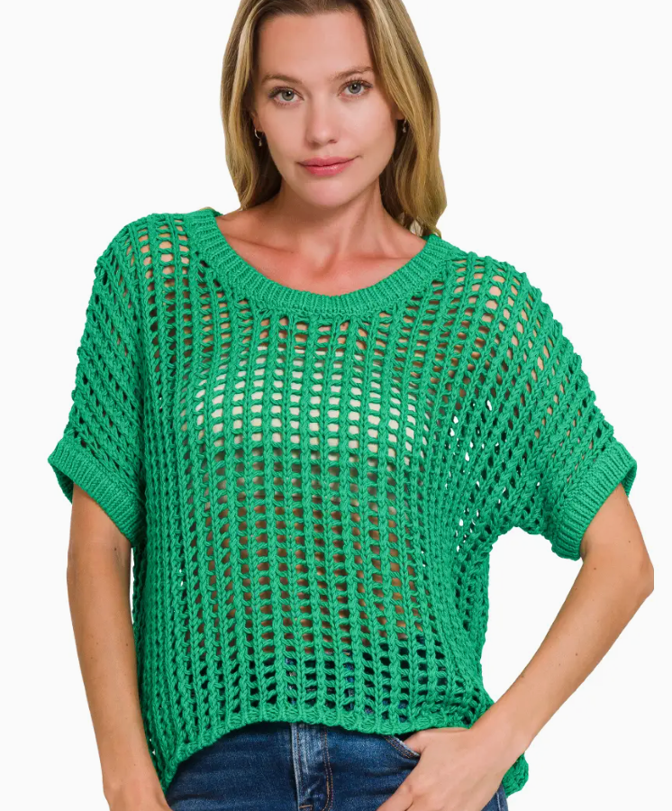 VM Fish Net Short Sleeve Crochet Sweater Green