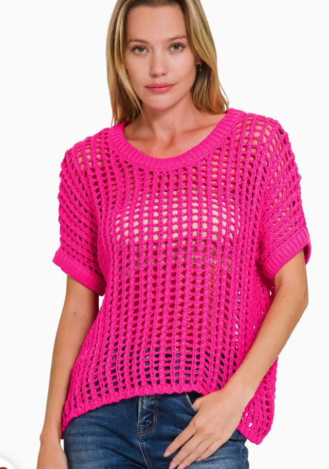VM Fish Net Short Sleeve Crochet Sweater Hot Pink