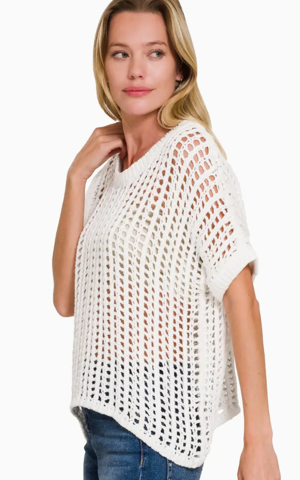 VM Fish Net Short Sleeve Crochet Sweater White