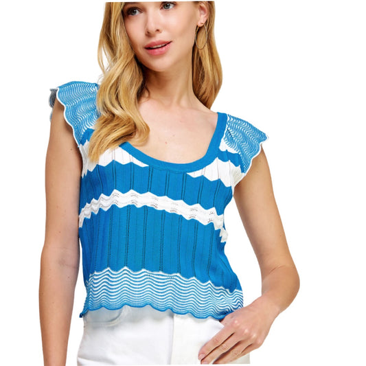 S&B Turquoise & White Scalloped Knit Top