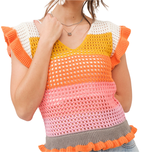 BB Orange Multi Crochet Ruffle Sweater