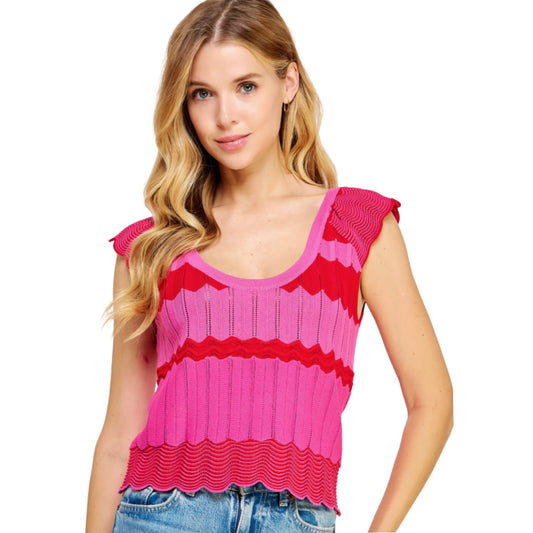S&B Pink & Red Scalloped Knit Top