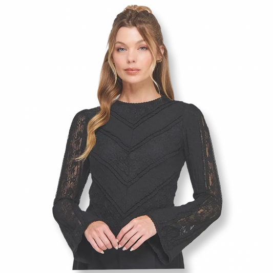 AR Mixed Lace Subtle Bell Sleeve Black