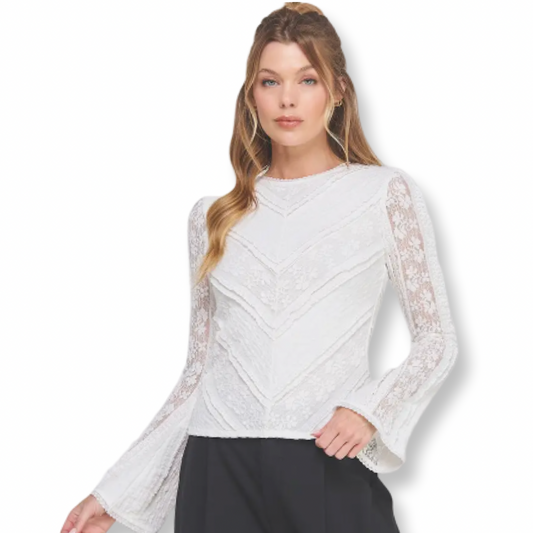 AR Mixed Lace Subtle Bell Sleeve White