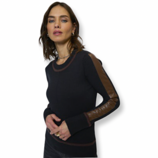 Central Park West Atlas Sweater w/Vegan Leather Crew Sweater