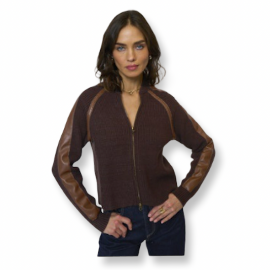Central Park West Atlas Leather Trim Zip Up Sweater