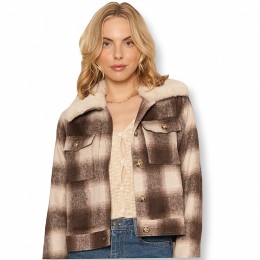 ENC Plaid Button Down Jacket with Faux Fur Collar