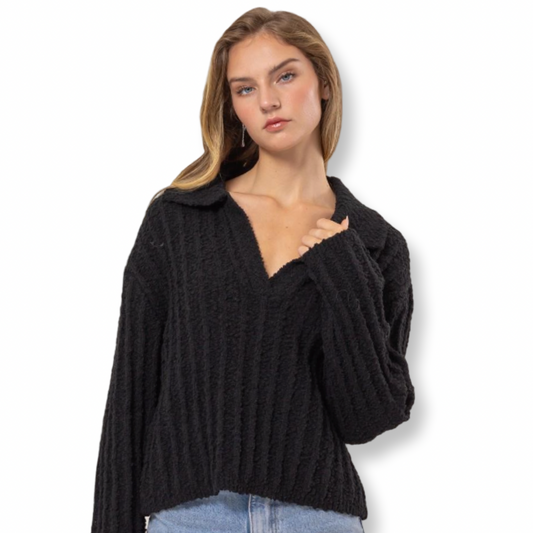 HYV Black Boucle Collared Sweater