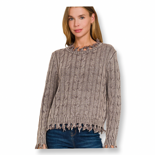 AA Washed Cable Knit Fringe Cotton Sweater Brown