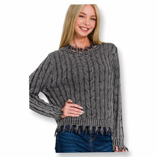 AA Washed Cable Knit Fringe Cotton Sweater Black