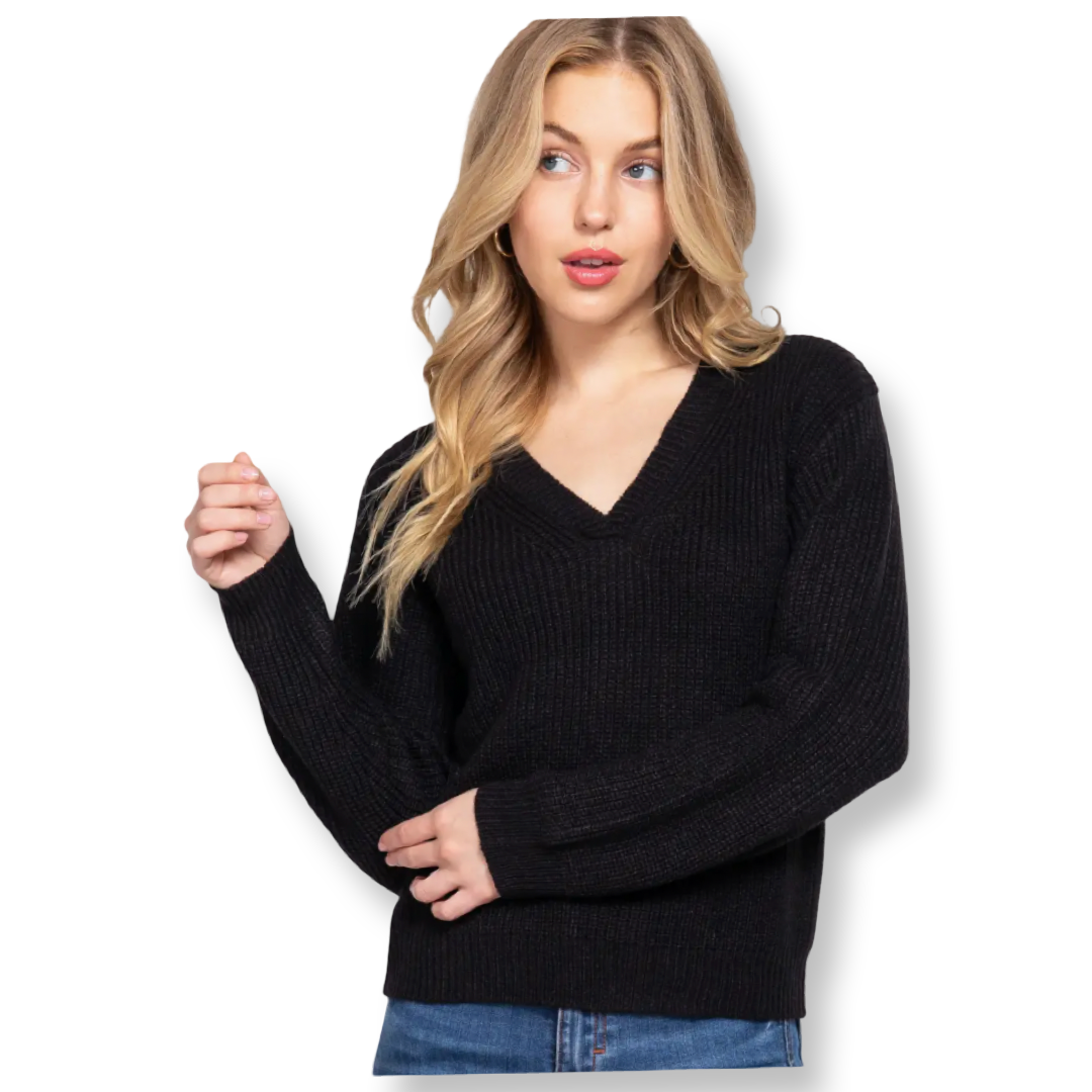 AA Long Slv V Neck Sweater Black