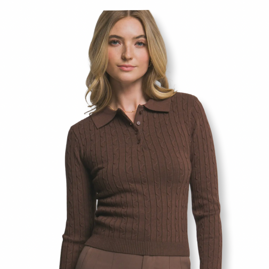 AA Cable Knit Polo Sweater Top Brown
