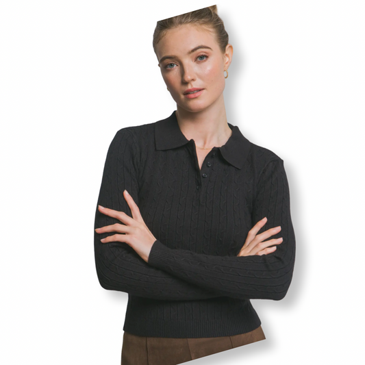 AA Cable Knit Polo Sweater Top Black