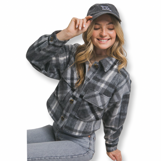 MV Button-Down Short Plaid Jacket Charcoal